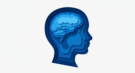Minimalist Papercut of Child Head Silhouette Revealing Layered Stylized Blue Brain Suggesting Depth and Complexity on White Background