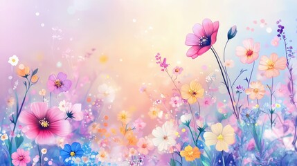 Obraz premium Dreamy wildflower arrangement in gentle pastels, framed by a smooth, flowing gradient background for a serene atmosphere