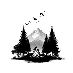 Obraz premium Clean black vector of a campfire with mountains in the background, symbolizing eco adventure and nature tourism, minimal style on white background