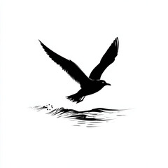 Obraz premium Clean flat black vector of a bird flying over a simple ocean line, symbolizing eco-tourism exploration, minimalistic and stylish, on a white background.