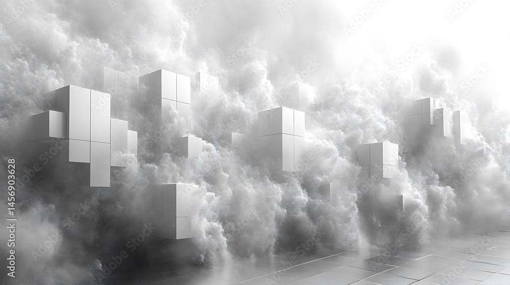 Aufkleber abstract cloudscape with floating geometric shapes in monochrome minimalist style creates a dreamlik