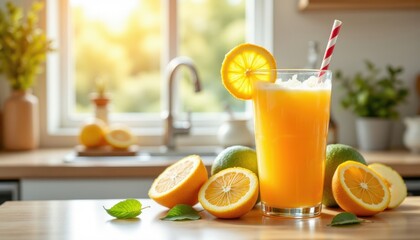 Fresh orange juice with sliced citrus fruits on a kitchen counter, sunlight streaming through a window in the background.