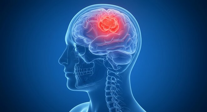 Medical 3D Render of Human Skull and Brain with Red Brain Tumor on Blue Background