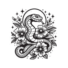 Fototapeta premium Black and white Snake and Floral Flower Tattoo vector illustration isolated on a white background