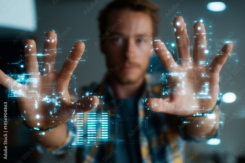 Poster futuristic ux designer with gesture-controlled interface