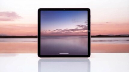 Tablet computer displays a tranquil seascape.