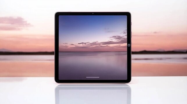 Tablet computer displays a tranquil seascape.