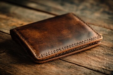 Handcrafted brown leather wallet sits on a wooden surface, showcasing craftsmanship and timeless style