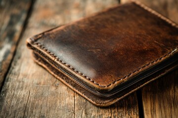Handcrafted brown leather wallet sits on a wooden surface, showcasing craftsmanship and timeless style