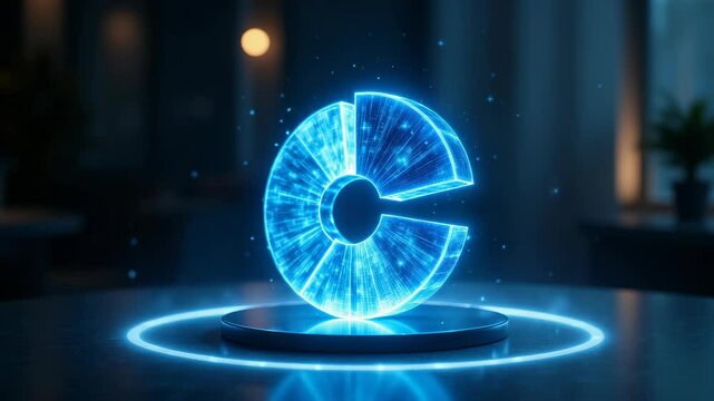 A glowing blue holographic pie chart floats above a round platform in a dark, modern room.