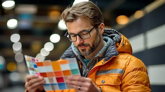 Focused man in orange jacket examines color swatches