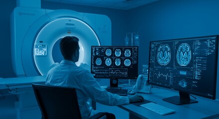 Doctor Examines Brain Scans on Monitors in Blue Lit MRI Control Room Wearing White Coat Highlighting Medical Data Technology Healthcare Diagnostics and Advanced Research