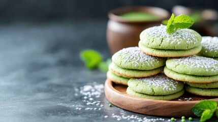 A stack of mint-flavored cookies adorned with a dusting of powdered sugar and fresh mint leaves, served on a wooden plate that complements their vibrant color.