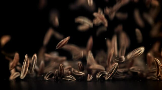 Cumin seeds fall on the table. Filmed on a high-speed camera at 1000 fps. High quality FullHD footage