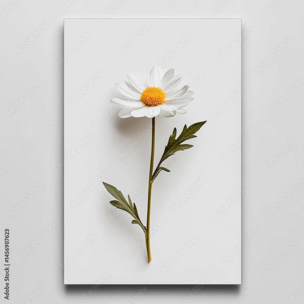 Poster minimalist vertical poster design featuring a single white daisy flower on a white background, creat