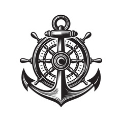 Hand-drawn black and white vintage style Nautical Anchor and Ship Wheel Logo – Maritime Emblem vector illustration isolated on a white background