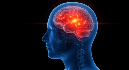 Translucent Human Head Profile with Glowing Brain Activity in Cool Blue Shades Detailed Medical Illustration