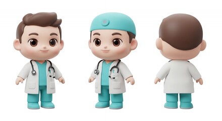 Obraz premium Three Adorable Chibi Doctors in Uniforms on Clean White Background Digital Illustration