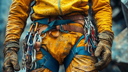A rugged climber in a yellow suit with harness and carabiners, ready for a challenging ascent against a rocky background