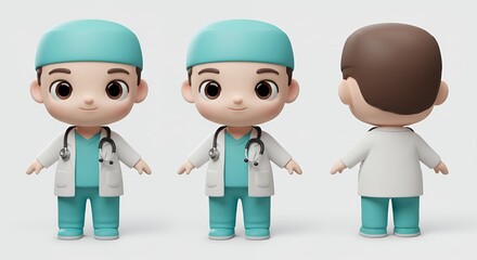 Three Chibi Style Doctor Figures in Blue Scrubs and White Coats Against White Backdrop