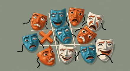 Theatrical Masks in Tic Tac Toe Illustration Featuring Orange Blue and White Emotional Expressions on Soft Gray Background