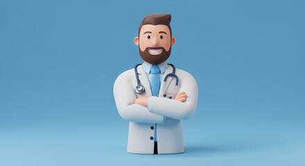 Smiling Doctor with Stethoscope Arms Crossed in Pixel Art Style Against Light Blue Background Ideal For Healthcare Designs