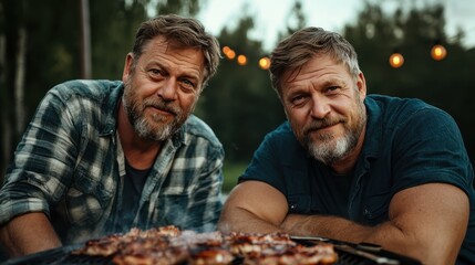 Two smiling bearded men stand proudly by their grill, sharing a moment of camaraderie and joyful cooking, embodying friendship and the joy of outdoor gatherings.