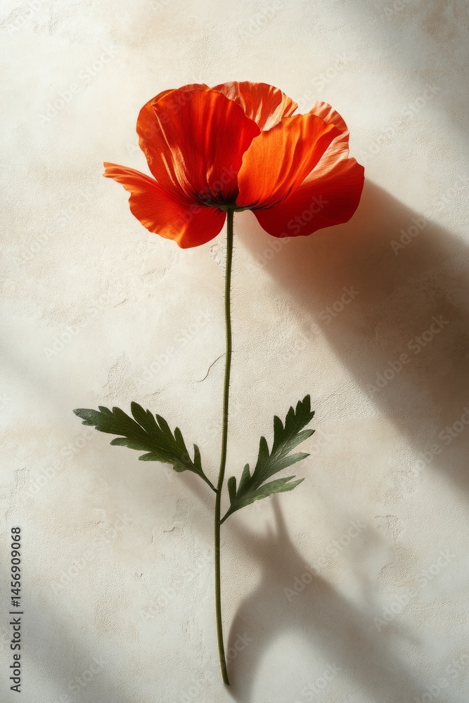 Poster single red poppy flower with green leaves casting a shadow on a textured background, creating a mini