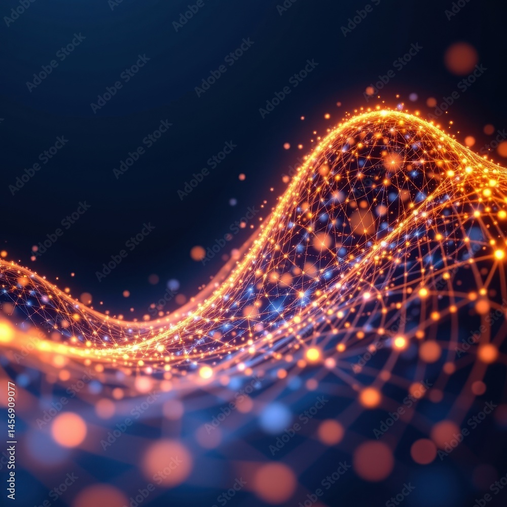 Fototapete create a 3d photo of a dynamic wave made up of luminous points connected by a network of lines, the structure should be representative of an analytics system or data network