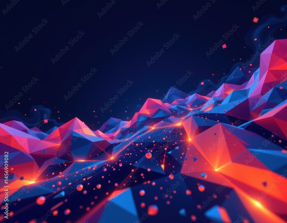 Poster create a captivating abstract futuristic digital art design featuring polygonal shapes on a dark blu