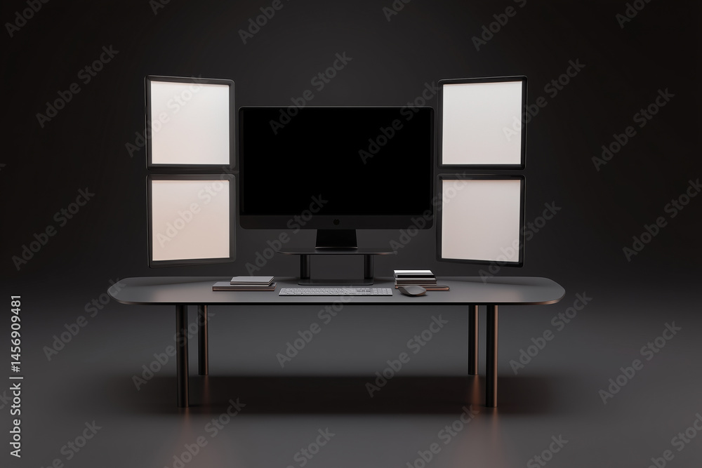 Poster minimalist workstation with floating data visualizations