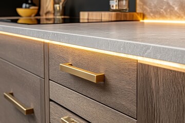 Close-up view of modern kitchen cabinetry and countertop.