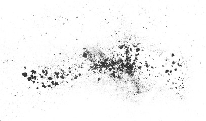 Black coal dust with fragments isolated on a white background, top view. Coal dust with effect fragments explosion. Charcoal particles.