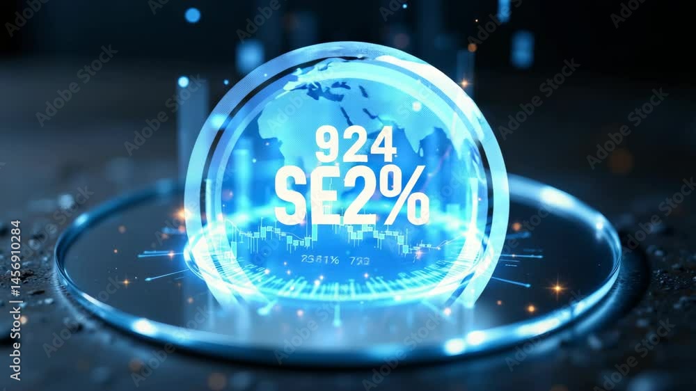 Poster a futuristic digital interface displays glowing 3d graphs and financial data visualizations in a cir