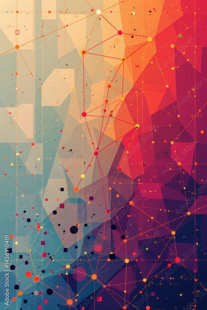 Poster create a geometric style digital illustration featuring a network shape with a glitch digital noise 