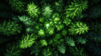 Aerial view of a lush green forest with glowing lights creating an enchanting atmosphere, inviting viewers into a magical natural landscape that feels ideal and serene.
