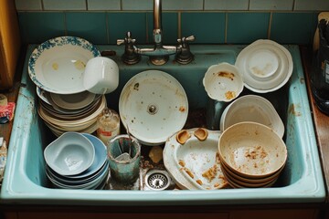 Overflowing dirty dishes stacked high in a vintage kitchen sink symbolize avoiding chores, messy habits, and an unorganized lifestyle