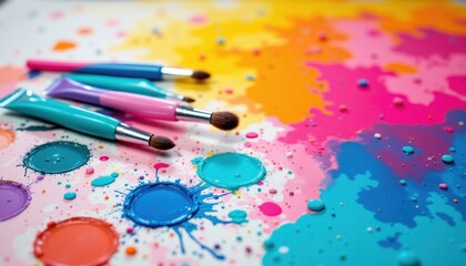 Obraz premium Colorful paint splatters with three paintbrushes resting on a vibrant, artistic canvas.