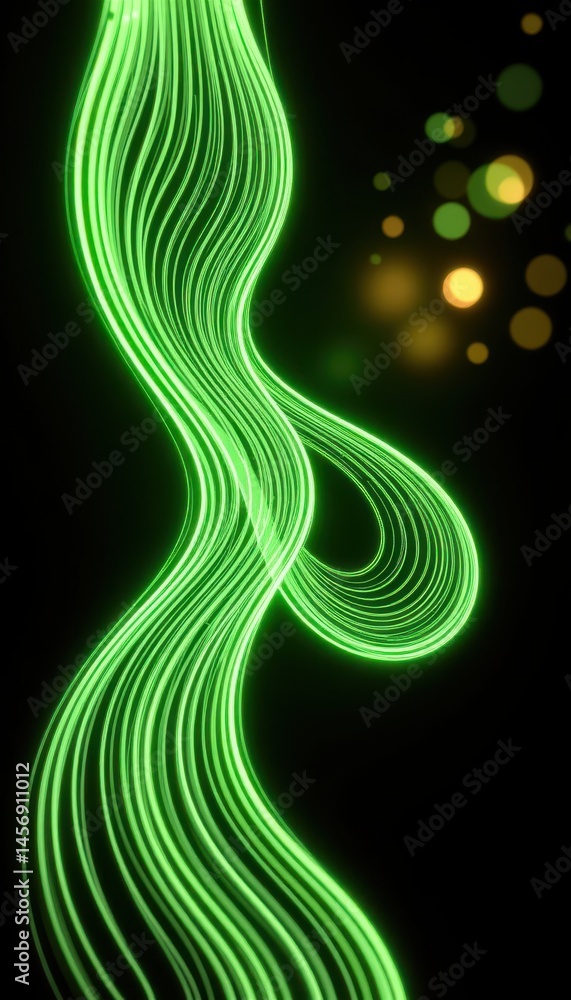Poster create a 3d render of an abstract wavy green neon line design on a black background with unfocussed 