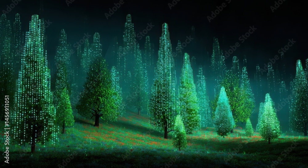 Poster enchanting digital forest at night: binary code trees