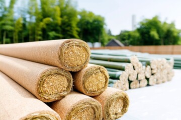 Building with bio-based materials including straw bales, bamboo, and cork laid out on construction site surrounded by greenery