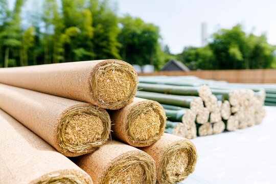 Building with bio-based materials including straw bales, bamboo, and cork laid out on construction site surrounded by greenery