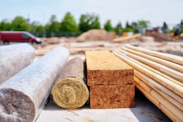 Bio-based building materials showcase natural construction options at a construction site with a serene backdrop