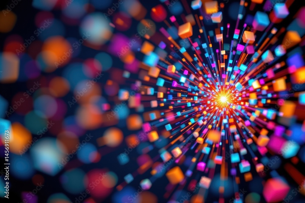 Poster create an abstract 3d image featuring a explosion of multicolored shiny particles or light rays like