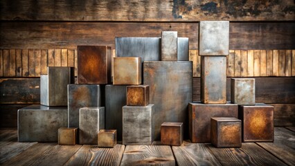 Rustic Metal Cubes Arranged on Aged Wooden Surface, Creating an Abstract Industrial Composition