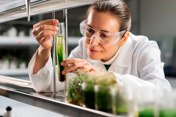 Female scientist examines test tube in modern laboratory setting while conducting research on plant biology and biotechnology