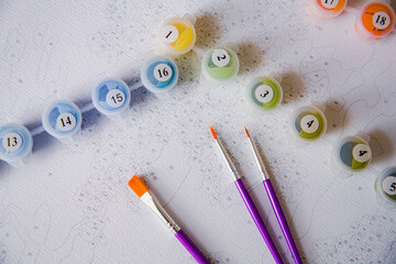 Art set for painting by numbers including brushes, small paint pots with numbers, and a canvas with pre-drawn outlines