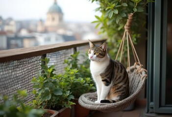 Cat Sitting Comfortably in Hanging Basket on Balcony