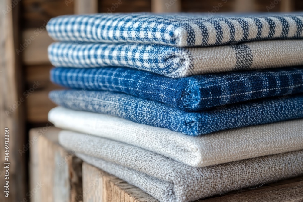 Poster woven textiles showcasing various patterns and textures create a cozy and rustic scene
