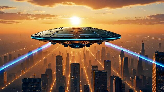 Futuristic UFO Hovering Over Cityscape Sunset